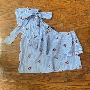 Blue and white striped ruffle one shoulder top with bow. Size medium .